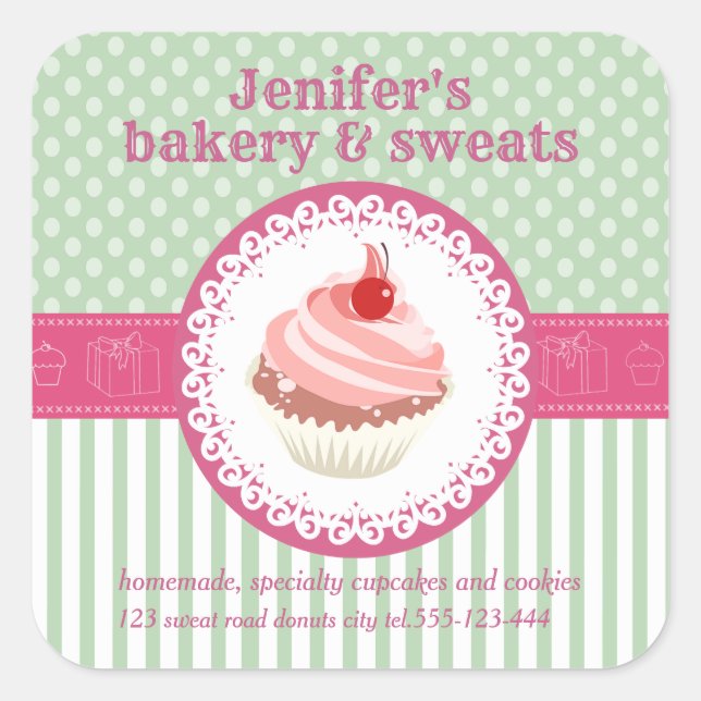 Vintage cupcakes bakery polka dots stripes square sticker (Front)