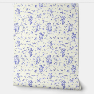 Vintage Cupid Angels Floral Baby Blue Toile Wallpaper