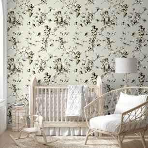 Vintage Cupid Angels Floral Beige Ivory Toile Wallpaper