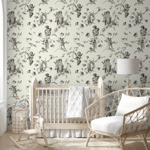 Vintage Cupid Angels Floral Beige Ivory Toile Wallpaper