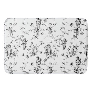 Vintage Cupid Angels Floral Black White Toile Bath Mat