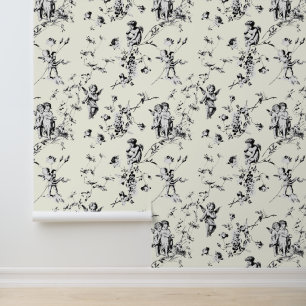 Vintage Cupid Angels Floral Black White Toile Wallpaper