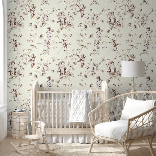 Vintage Cupid Angels Floral Brown Ivory Toile Wallpaper