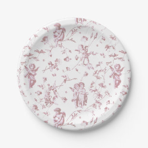 Vintage Cupid Angels Floral Pink White Toile Paper Plate