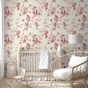 Vintage Cupid Angels Floral Red Ivory Toile Wallpaper