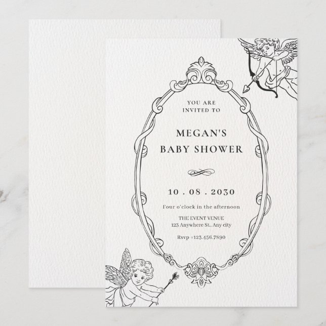 Vintage cupid baroque frame art baby shower invitation (Front/Back)