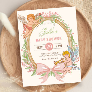 Vintage cupid floral bow baby shower invitation