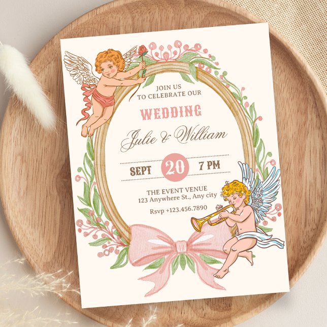 Vintage cupid floral bow wedding invitation (Creator Uploaded)