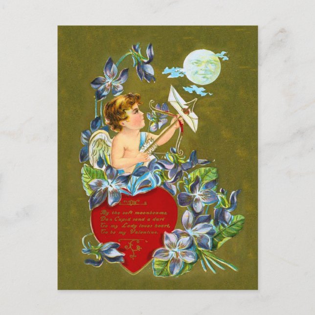 Vintage Cupid & Moonbeam Valentine Holiday Postcard (Front)