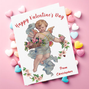 Vintage Cupid Valentine's Day Card Floral Cherub