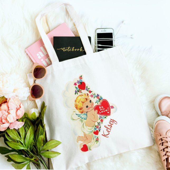 Vintage Cupid with Custom Name Valentine Tote Bag (Vintage Cupid with Custom Name Double Sided Valentine Tote Bag. Just add your name!)