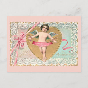 Vintage Cupid with Gold Heart, Lace & Pink Ribbon Postcard
