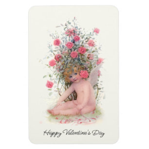 Vintage Cupid with Pink Roses Valentine Magnet