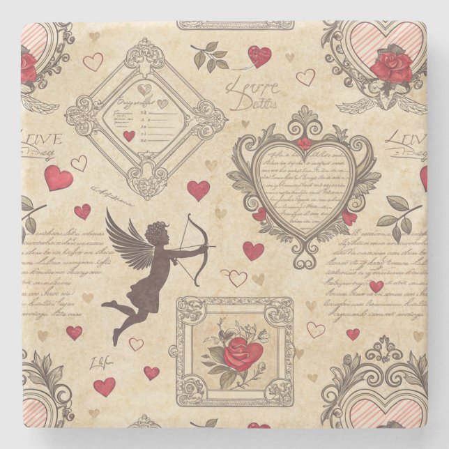 Vintage Cupid's Romantic Pattern (8) Stone Coaster (Front)