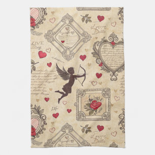 Vintage Cupid's Romantic Pattern (8) Tea Towel