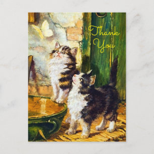 Vintage Curious Kittens Butterfly Art Thank You Postcard