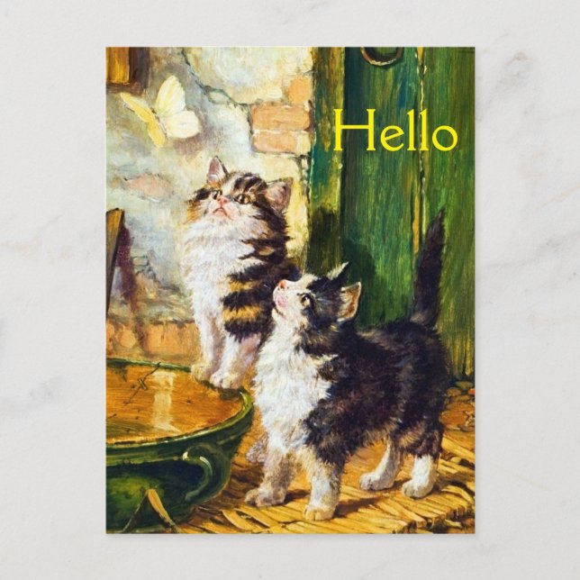 Vintage Curious Kittens Butterfly Victorian Cat Postcard (Front)