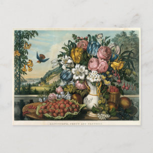 Vintage Currier & Ives Fruit And Flowers Landscape Postcard