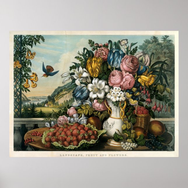 Vintage Currier & Ives Fruit And Flowers Landscape Poster (Front)