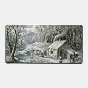 Vintage Currier & Ives Log Cabin Holiday Christmas Desk Mat