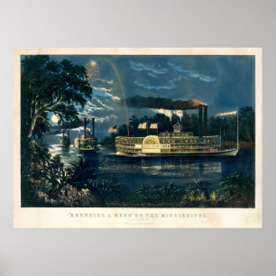 Vintage Currier & Ives Steamboats in Moonlight Poster