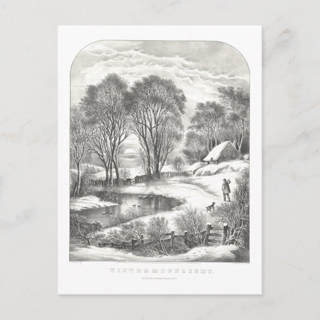 Vintage Currier & Ives Winter Moonlight Lithograph Postcard (Front)