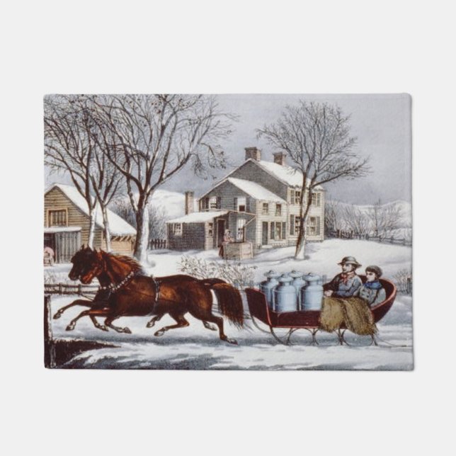 Vintage Currier & Ives Winter Sleigh Christmas Doormat (Front)