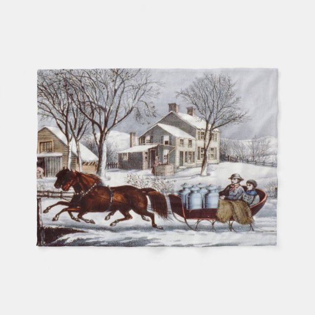 Vintage Currier & Ives Winter Sleigh Christmas Fleece Blanket (Front (Horizontal))