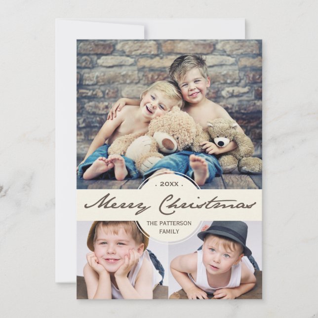 Vintage Cursive Merry Christmas Photo Collage Holiday Card (Front)