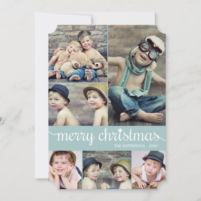 Vintage Cursive Merry Christmas Photo Collage Holiday Card (Front)