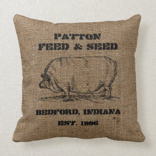 Vintage Custom Burlap Feed & Seed Advertising Cushion
