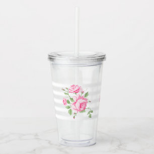 Vintage Custom Classic Rose Floral Classic Stripe Acrylic Tumbler