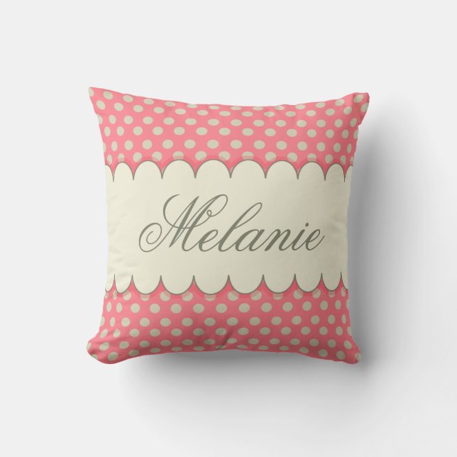 Vintage Custom Personalised Beige Pink Polka Dots Cushion (Front)