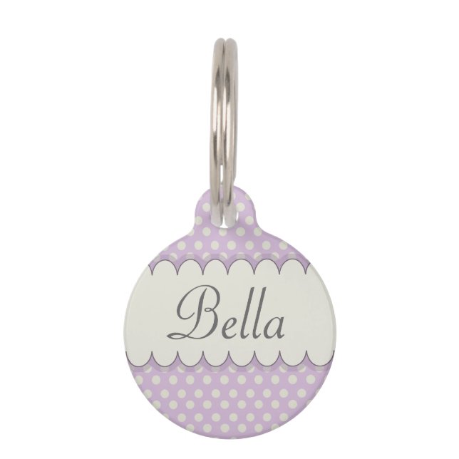 Vintage Custom Personalised Purple Polka Dots Pet Tag (Front)