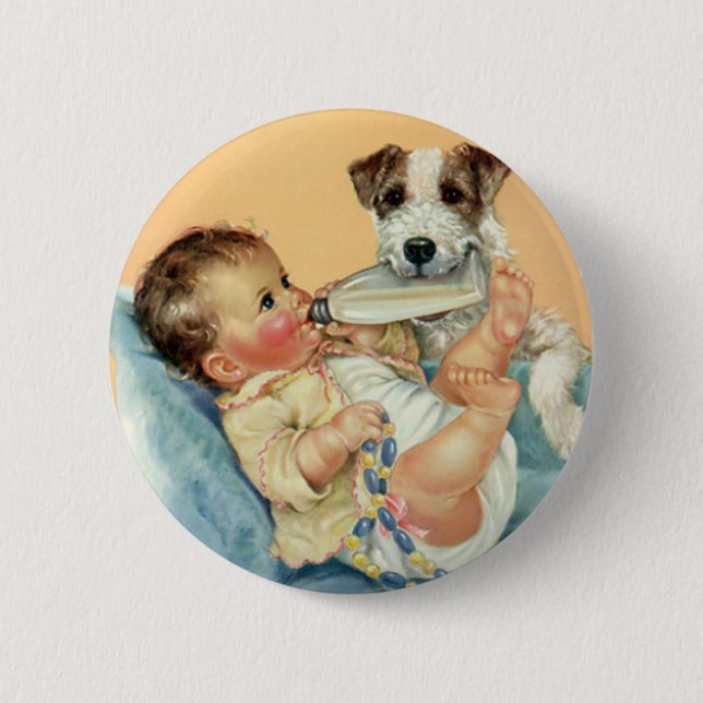 Vintage Cute Baby Boy with Bottle and Puppy Dog 6 Cm Round Badge (Front)