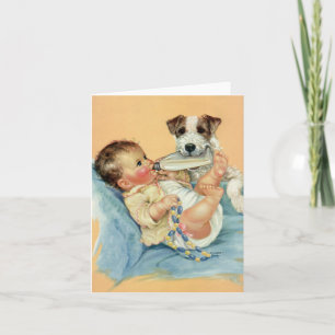Vintage Cute Baby Boy with Bottle and Puppy Dog Card