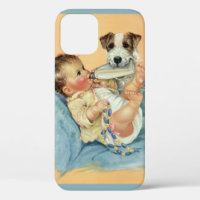 Vintage Cute Baby Boy with Bottle and Puppy Dog