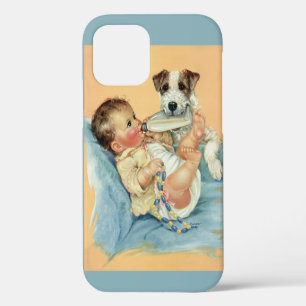 Vintage Cute Baby Boy with Bottle and Puppy Dog iPhone 12 Case