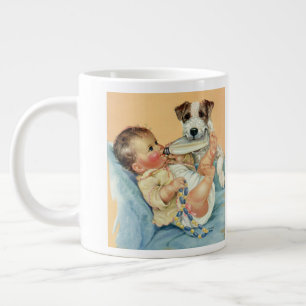 Vintage Cute Baby Boy with Bottle and Puppy Dog Large Coffee Mug