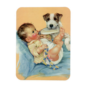 Vintage Cute Baby Boy with Bottle and Puppy Dog Magnet