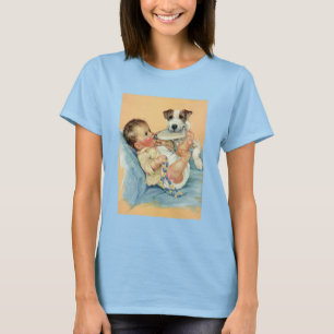 Vintage Cute Baby Boy with Bottle and Puppy Dog T-Shirt