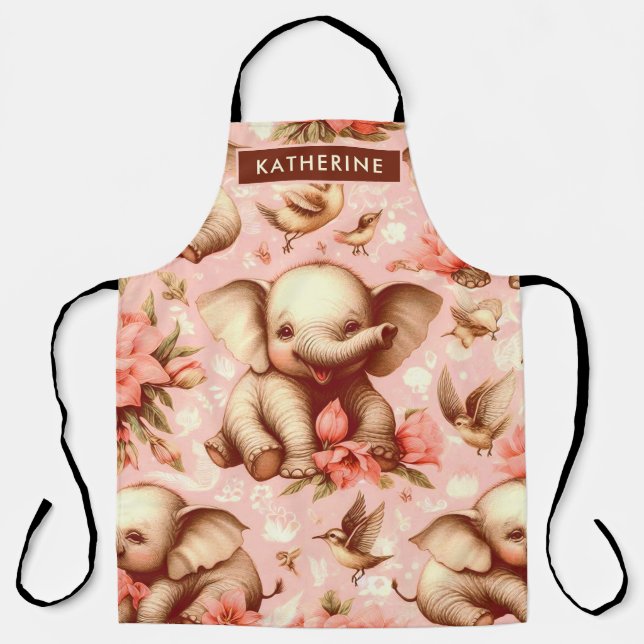Vintage Cute Baby Elephant Pattern Apron (Front)