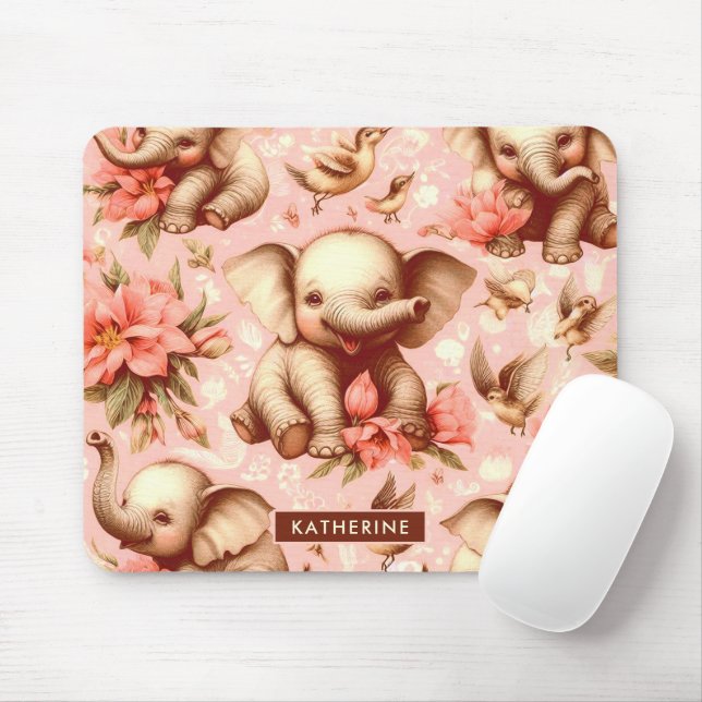 Vintage Cute Baby Elephant Pattern Mouse Mat (With Mouse)