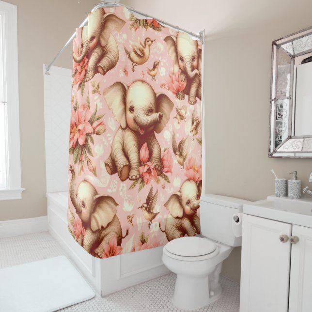 Vintage Cute Baby Elephant Pattern Shower Curtain (In Situ)