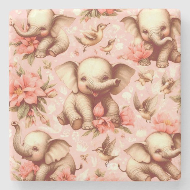Vintage Cute Baby Elephant Pattern Stone Coaster (Front)