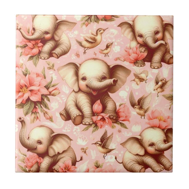 Vintage Cute Baby Elephant Pattern Tile (Front)