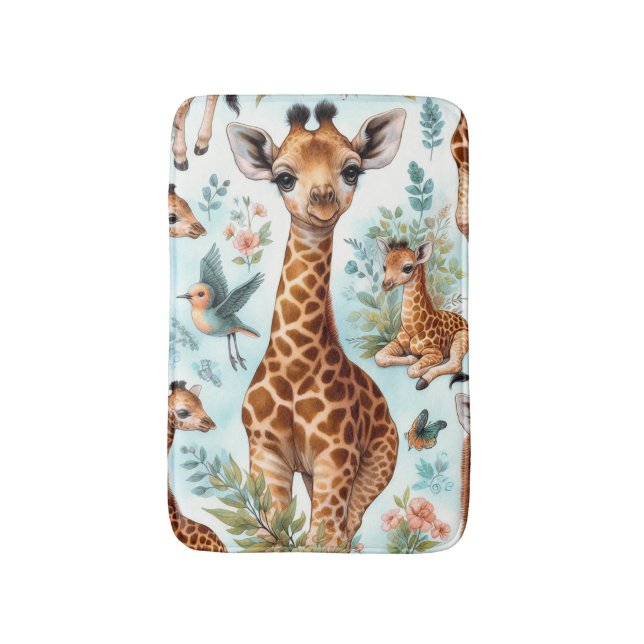 Vintage Cute Baby Giraffe Pattern Bath Mat (Front Vertical)