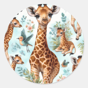 Vintage Cute Baby Giraffe Pattern Classic Round Sticker