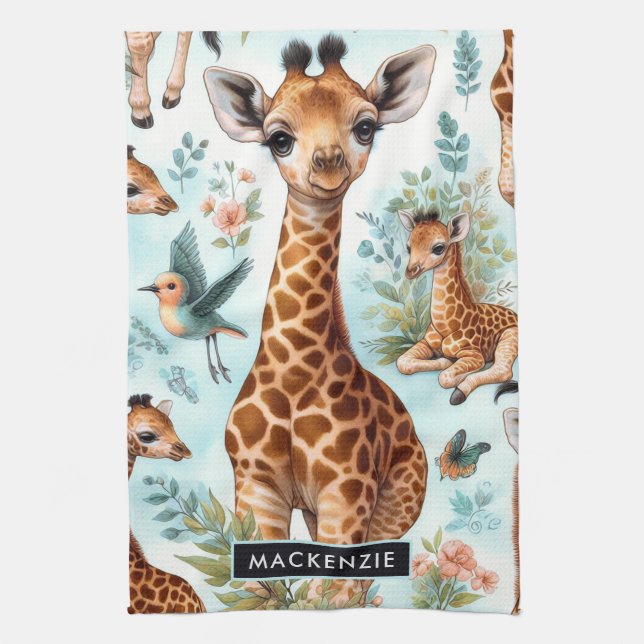Vintage Cute Baby Giraffe Pattern Tea Towel (Vertical)