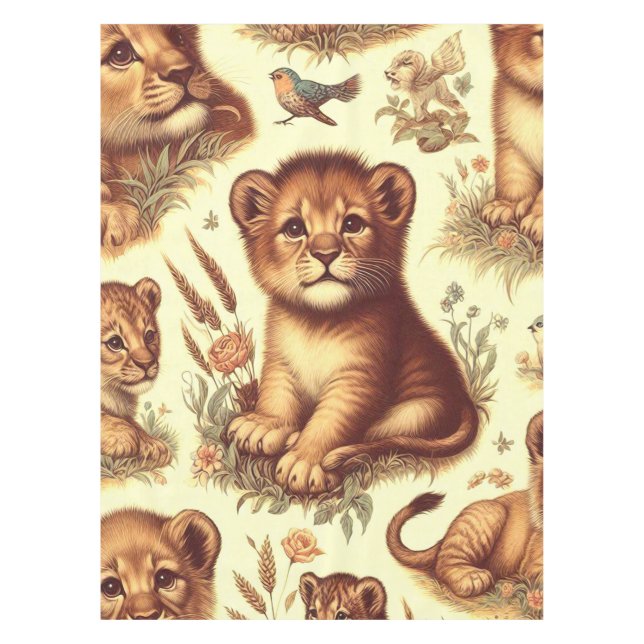 Vintage Cute Baby Lion Pattern Tablecloth (Front)